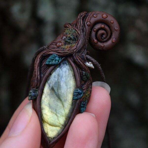 Labradorite Fairy Pendant, Fairy, Pixie, Elven, Nature, Forest, Polymer Clay, Shaman, Druid, Wicca, Pagan, Woodland