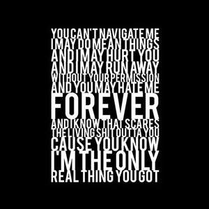 以下が含まれることがあります： 「YOU CAN'T NAVIGATE ME I MAY DO MEAN THINGS AND I MAY HURT YOU AND I MAY RUN AWAY WITHOUT YOUR PERMISSION AND YOU MAY HATE ME FOREVER AND I KNOW THAT SCARES THE LIVING SHIT OUTTA YOU CAUSE YOU KNOW I'M THE ONLY REAL THING YOU GOT」というテキストが書かれた白黒のタイポグラフィーデザイン