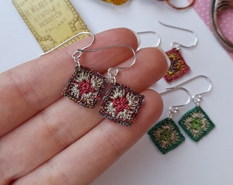 Granny square earrings, metalic thread, sparkly crochet earrings, micro crochet granny squares, multi colour crochet earrings