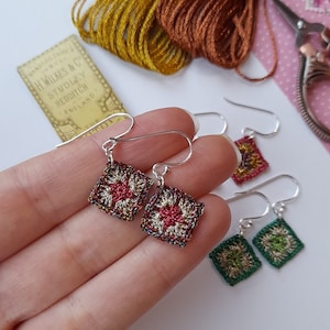 Granny square earrings, metalic thread, sparkly crochet earrings, micro crochet granny squares, multi colour crochet earrings