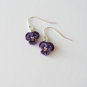 Pansy earrings, Crochet Pansy earrings, Crochet lace, Sterling silver, Flower jewellery, Embroidered jewellery, Wedding jewellery image 1