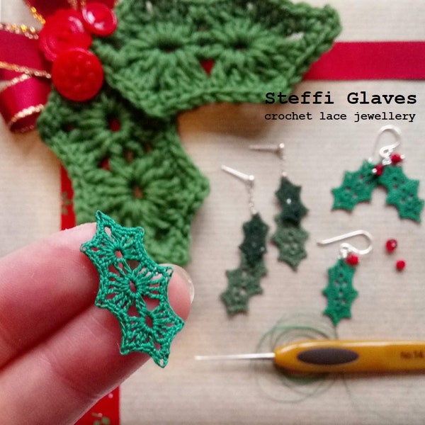 holly leaf crochet pattern, holly earring crochet pattern, holly christmas decoration, crochet holly tutorial, PDF pattern digital download