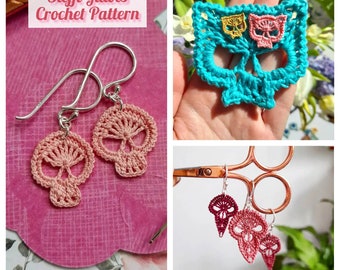 Micro crochet skull crochet pattern bundle, bird skull, goth skull, cat skull, crochet skull earrings, crochet DIY, crochet digital download