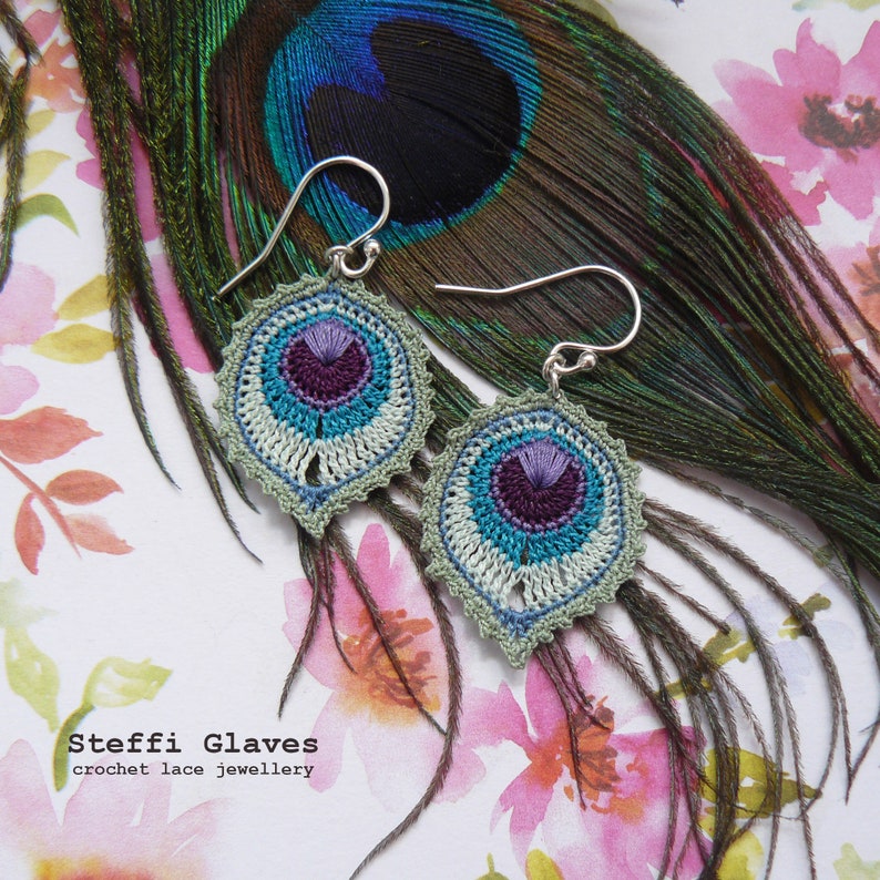 peacock feather earring crochet pattern, crochet feather earring tutorial, micro crochet pattern, instant digital download image 8