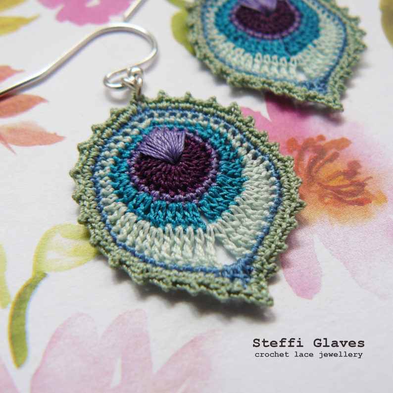 peacock feather earring crochet pattern, crochet feather earring tutorial, micro crochet pattern, instant digital download image 6