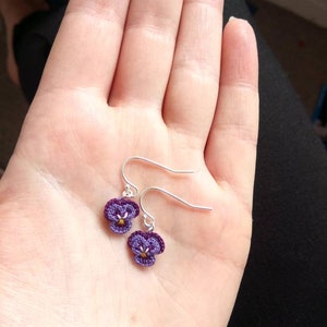 Pansy earrings, Crochet Pansy earrings, Crochet lace, Sterling silver, Flower jewellery, Embroidered jewellery, Wedding jewellery image 5