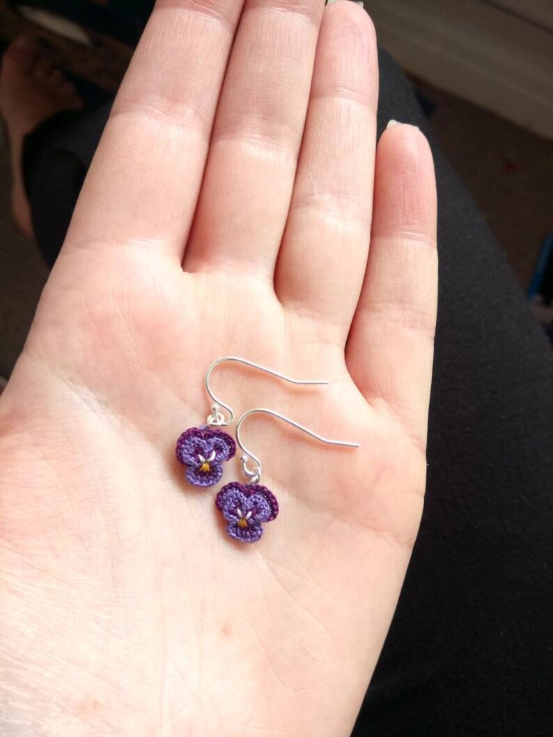 Pansy earrings, Crochet Pansy earrings, Crochet lace, Sterling silver, Flower jewellery, Embroidered jewellery, Wedding jewellery image 5