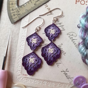 Purple micro crochet granny square earrings, purple drop granny stitch crochet earrings, sterling silver, gift for crocheters