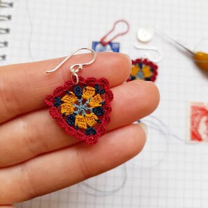 Micro crochet triangle earrings, yellow red and blue, scalopped edge lace earrings, sterling silver textile jewellery, cotton anniversary image 4