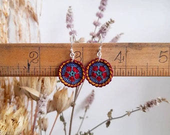 Tiny crochet flower earrings, micro crochet earrings, folk circle flower earrings, anniversary gift, gift for crocheters, gifts for knitters