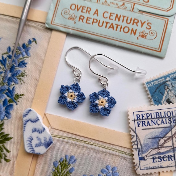 Micro Crochet Forget Me Not Earrings: Sterling Silver, Blue Lace