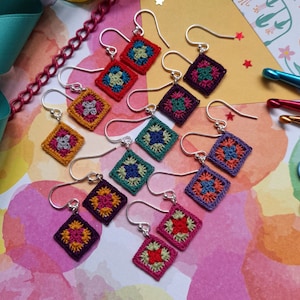 Granny square earrings, micro crochet granny squares, multi colour crochet earrings, gifts for crafters, anniversary gift, sterling silver