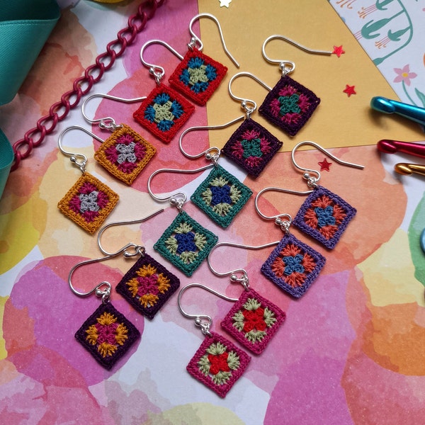 Granny square earrings, micro crochet granny squares, multi colour crochet earrings, gifts for crafters, anniversary gift, sterling silver