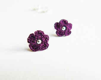 Dark Purple Crochet Lace Flower Stud Earrings, Sterling Silver, Tiny Post Ear Studs, Textile Jewellery, Wedding, Bridesmaid, Flower Girl