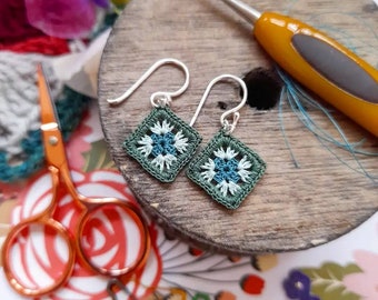 Tiny Granny Square Earrings, green micro crochet granny squares, sterling silver, little square jewellery, gifts for crocheters,