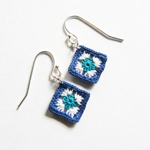 Tiny Granny Square Earrings, blue microcrochet granny squares, sterling silver, little square jewellery, gifts for crocheters, gift for her