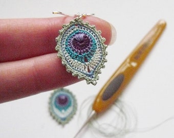 Crochet Peacock Feather Earrings: Sterling Silver, Green & Blue Lace, Micro Crochet