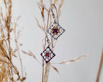 Micro Crochet Granny Square Earrings: Sterling Silver, Mismatched Colours