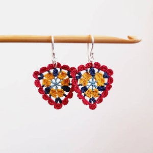 Micro crochet triangle earrings, yellow red and blue, scalopped edge lace earrings, sterling silver textile jewellery, cotton anniversary