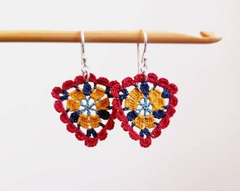 Micro crochet triangle earrings, yellow red and blue, scalopped edge lace earrings, sterling silver textile jewellery, cotton anniversary