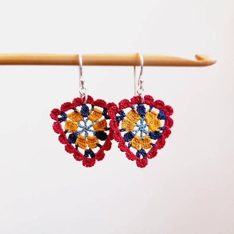 Micro crochet triangle earrings, yellow red and blue, scalopped edge lace earrings, sterling silver textile jewellery, cotton anniversary image 1