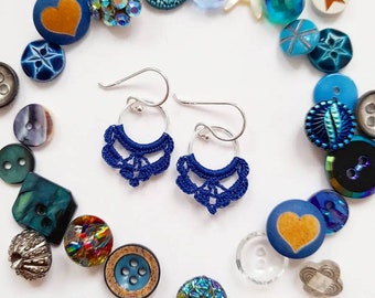 Crochet hoop earrings, royal blue crochet earrings, sterling silver hoops, gifts for crocheters, micro crochet jewellery, gifts for knitters