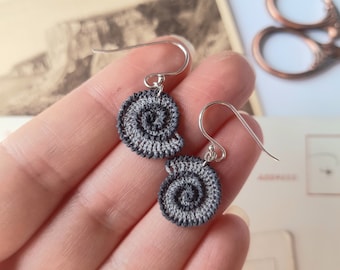 Micro Crochet Ammonite Earrings: Sterling Silver, Fossil Spiral