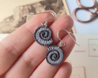 Tiny ammonite earrings, fossil earrings, crochet spiral earrings, gift for crocheters, anniversary gift, micro crochet, sterling silver