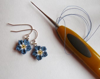 Forget me not earrings, microcrochet flower earrings, blue lace earrings, something blue, thank you gift, gifts for her, sterling silver