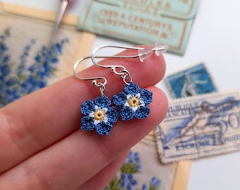Micro Crochet Forget Me Not Earrings: Sterling Silver, Blue Lace, Cotton Anniversary