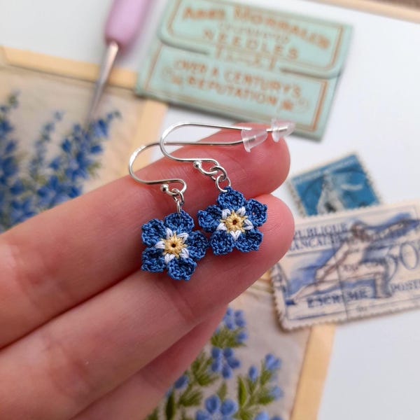 Micro Crochet Forget Me Not Earrings: Sterling Silver, Blue Lace, Cotton Anniversary