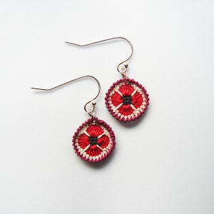 Poppy earrings, red flower earrings, crochet flower earrings, crochet flower jewellery, gifts for knitters, sterling silver, Gifts for her