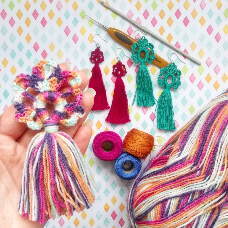 Crochet pattern tassel earrings, dip dye tassel earrings tutorial, crochet PDF pattern digital download. image 8