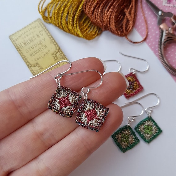 Micro Crochet Granny Square Earrings: Metallic Thread, Sterling Silver