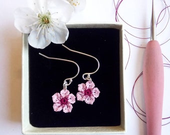 Crochet Cherry Blossom Drop Earrings: Sterling Silver, Micro Crochet, Flower Girl Gift