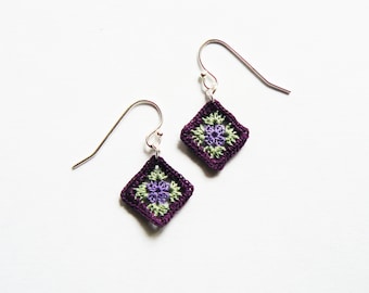 Granny Square Earrings, Purple Square Earrings, Microcrochet Earrings, crochet squares, crochet gift, anniversary gift, gifts for knitters.