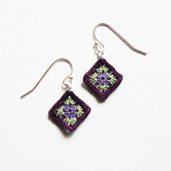 Granny Square Earrings, Purple Square Earrings, Microcrochet Earrings, crochet squares, crochet gift, anniversary gift, gifts for knitters.