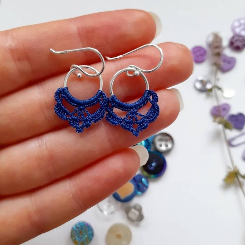 Crochet hoop earrings, royal blue crochet earrings, sterling silver hoops, gifts for crocheters, micro crochet jewellery, gifts for knitters image 2