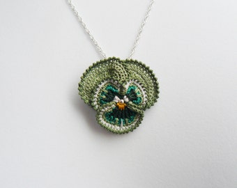 Pansy Pendant, Green Crochet Lace Pansy Pendant, Sterling Silver, Micro Crochet, Miniature Jewellery, Wedding Jewellery, Bridesmaid,