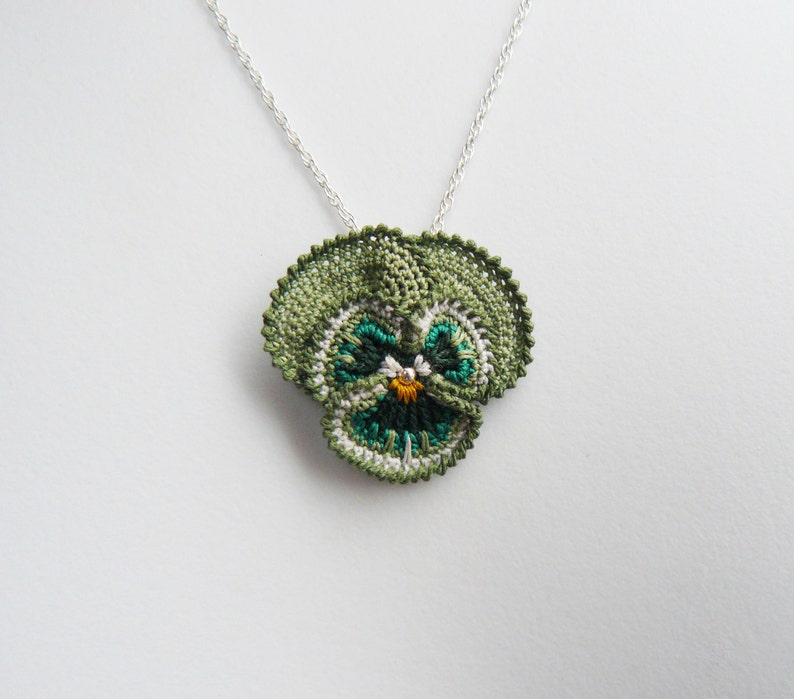 Pansy Pendant, Green Crochet Lace Pansy Pendant, Sterling Silver, Micro Crochet, Miniature Jewellery, Wedding Jewellery, Bridesmaid, image 1