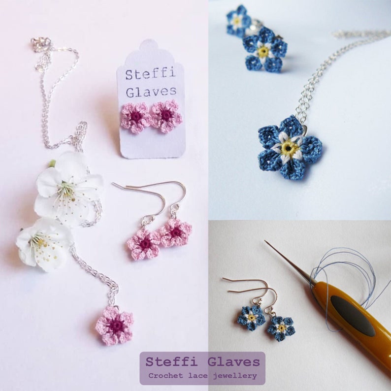 Micro crochet Forget me not and cherry blossom jewellery pattern, crochet flower making tutorial, crochet PDF pattern digital download image 1