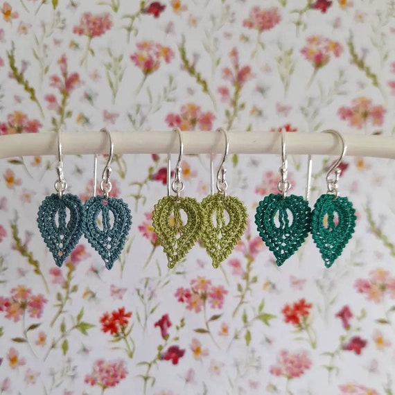 Green Crochet Leaf Earrings: Sterling Silver. Autumn Jewelry, Micro Crochet
