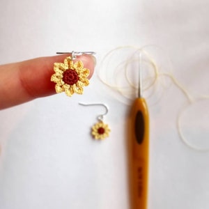 Sunflower crochet earrings, microcrochet flower earrings, tiny sunflower earrings, miniature crochet flower earrings, sterling silver