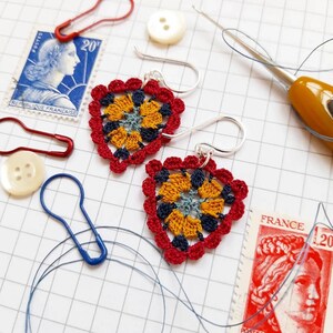 Micro crochet triangle earrings, yellow red and blue, scalopped edge lace earrings, sterling silver textile jewellery, cotton anniversary image 3