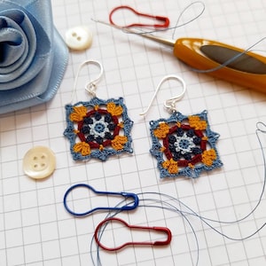 Micro crochet square earrings, yellow red and blue earrings, small granny square earrings, sterling silver textile jewellery, Moroccan tiles