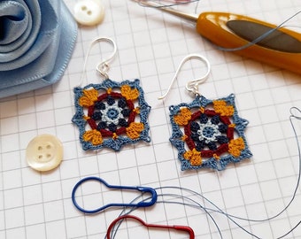 Micro crochet square earrings, yellow red and blue earrings, small granny square earrings, sterling silver textile jewellery, Moroccan tiles