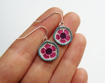 Micro crochet Flower Earrings, Pink Purple crochet earrings, Small Floral Earrings, Daisy Jewellery, anniversary gift, crochet gift,