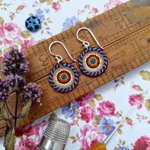 Micro crochet earrings, crochet circle earrings, hand made lace, anniversary gift, sterling silver, customisable colours, made to order