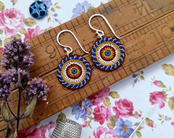 Micro crochet earrings, crochet circle earrings, hand made lace, anniversary gift, sterling silver, customisable colours, made to order