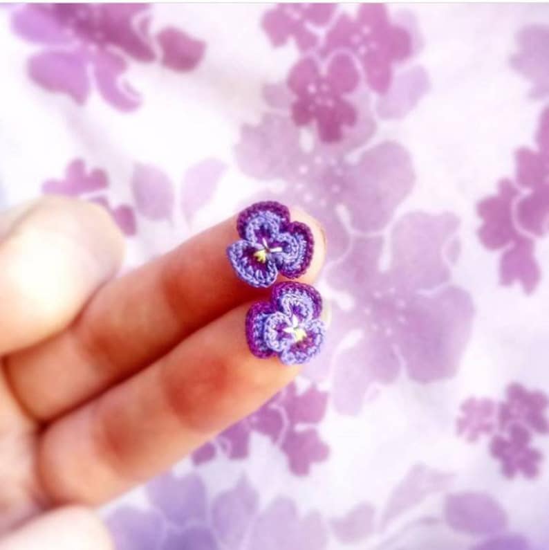 Pansy earrings, Crochet Pansy earrings, Crochet lace, Sterling silver, Flower jewellery, Embroidered jewellery, Wedding jewellery image 4